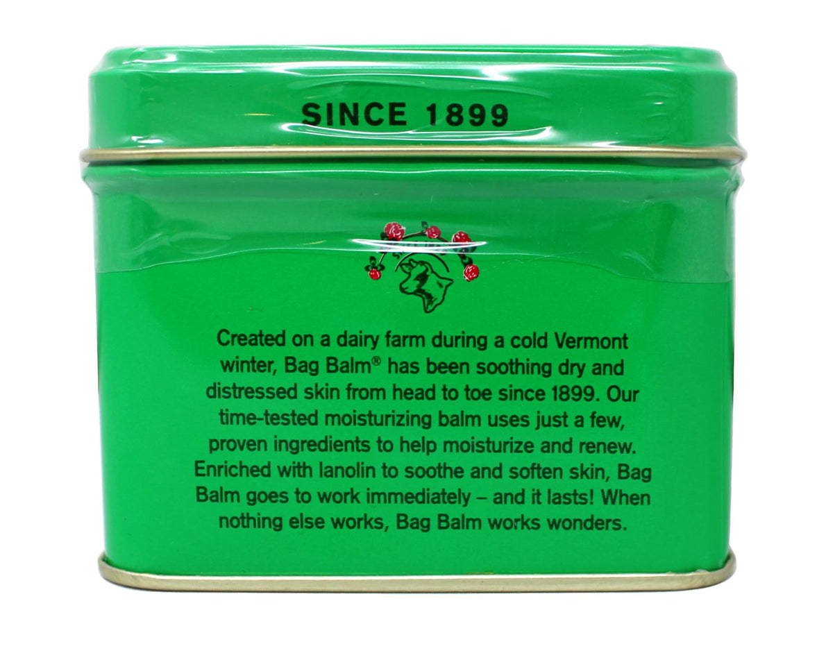 Bag Balm tin next to coin showing 8-ounce scale and travel benefit