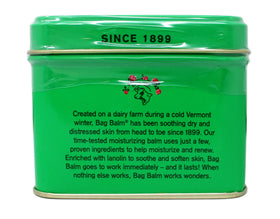 Bag Balm tin next to coin showing 8-ounce scale and travel benefit