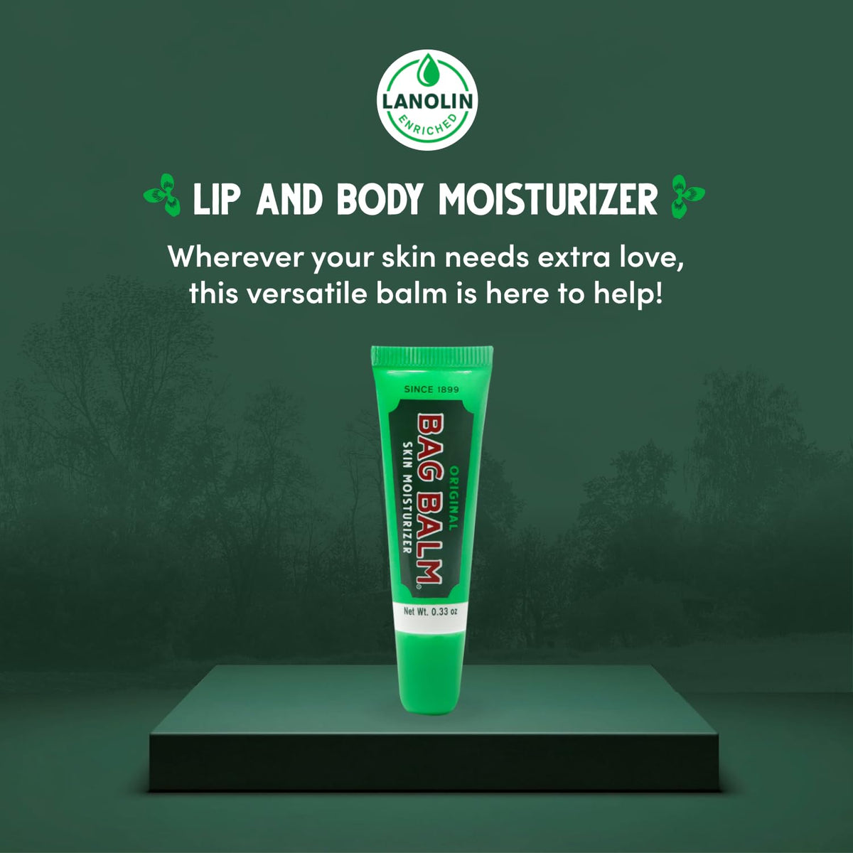 Hand holding Bag Balm tube to show size and practical travel-friendly scale