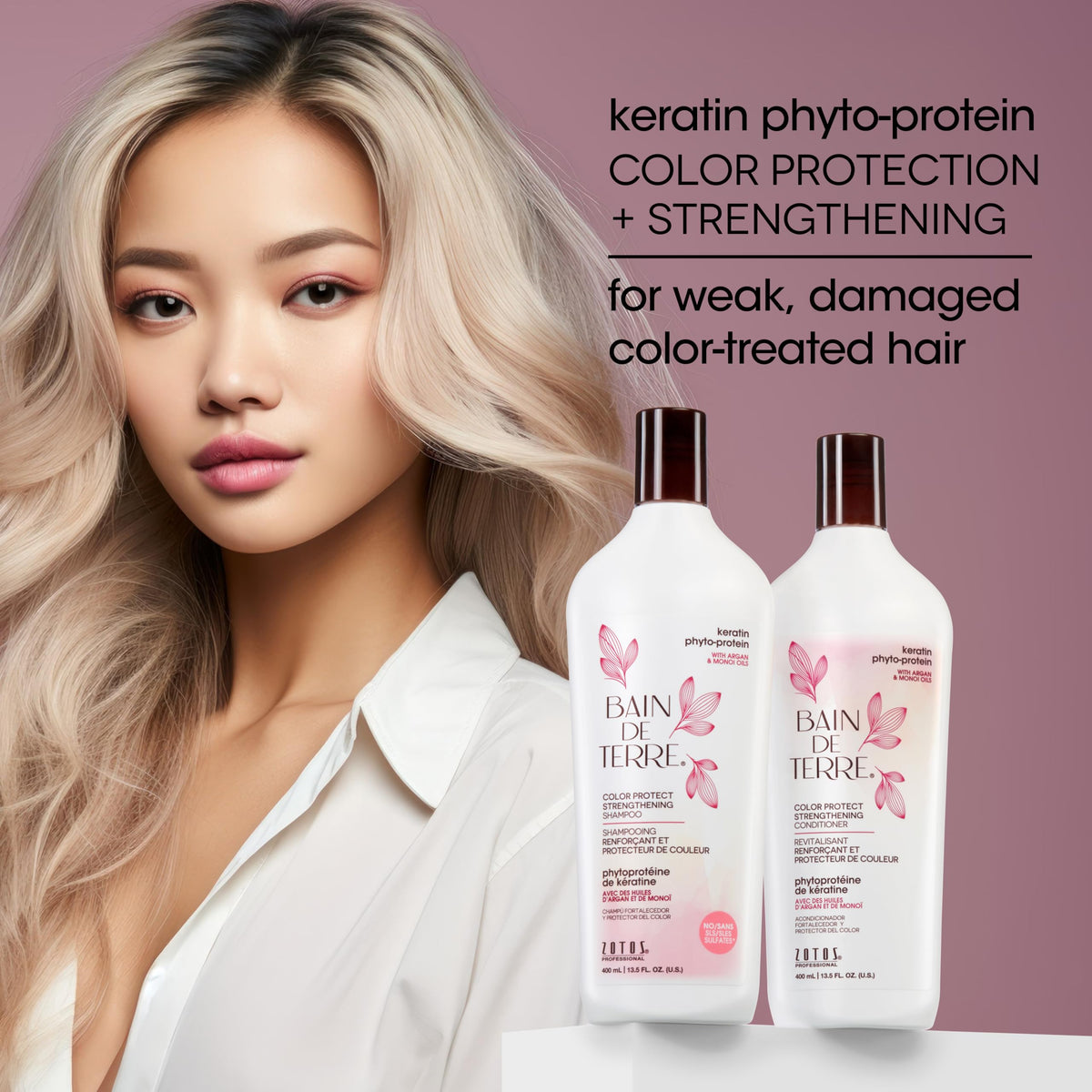Detail of Bain de Terre label emphasizing keratin phyto-protein benefits and ingredient focus