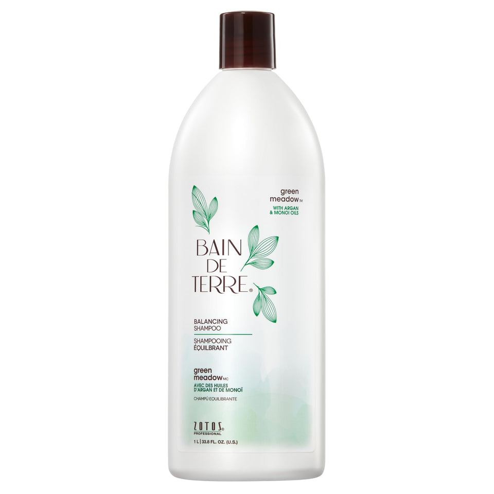 Bain de Terre front packaging showing bottle and product benefit of gentle balancing