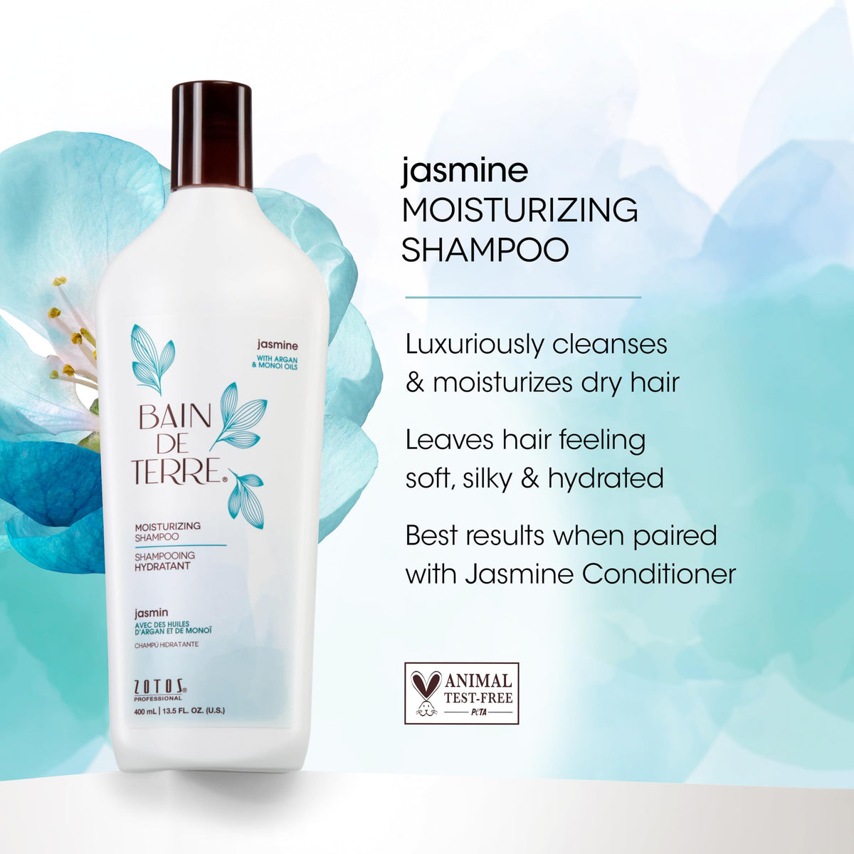 Bain de Terre pouring shampoo texture to show lightweight moisturizing consistency