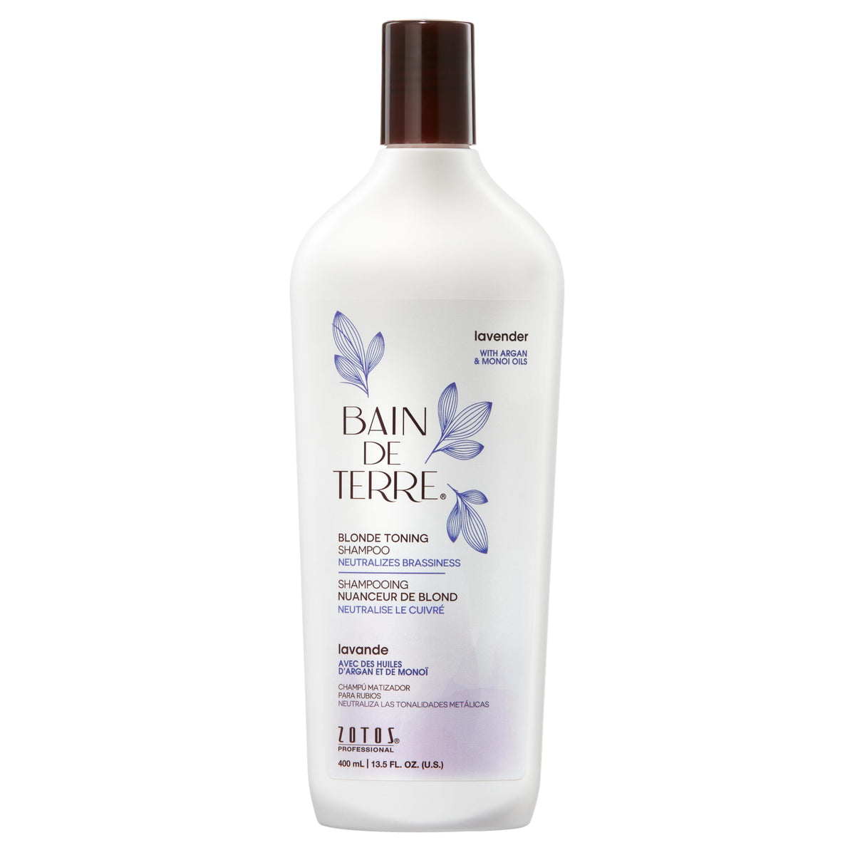Bain de Terre front packaging showing lavender blonde shampoo, clear product identity and benefit