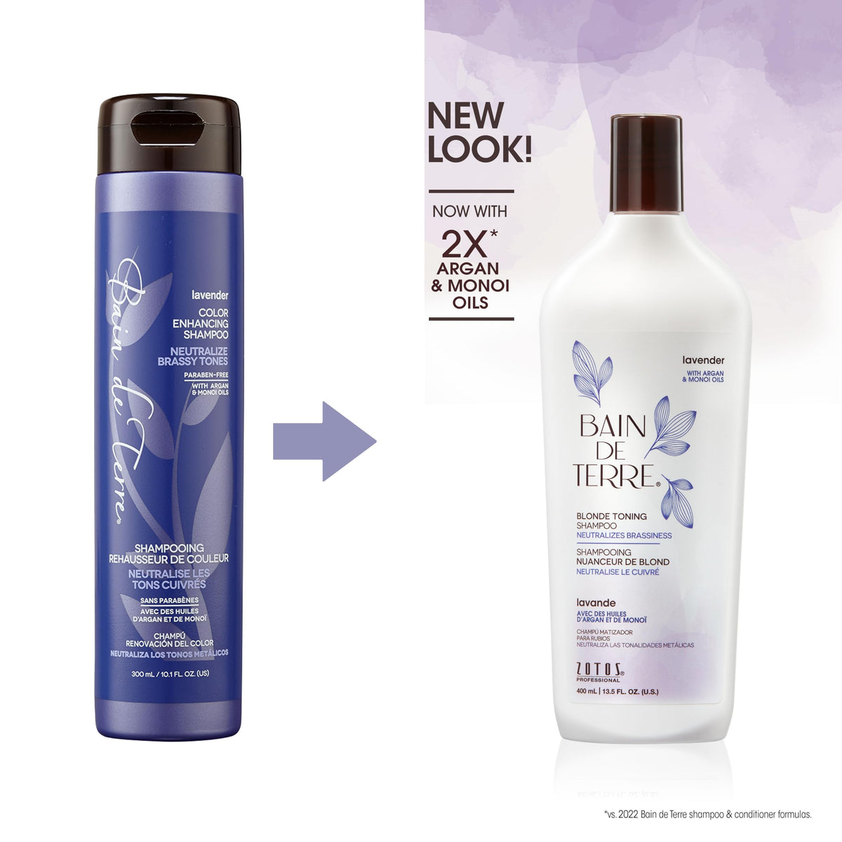 Bain de Terre shampoo pour and texture showing rich purple tone for brass neutralizing benefit