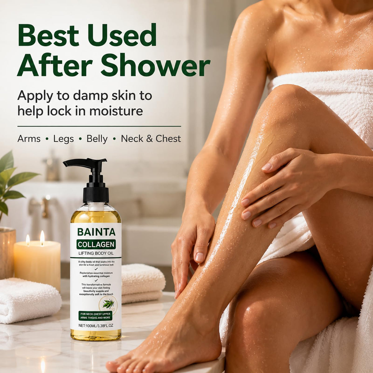 BAINTA being applied to damp skin to lock in moisture and prevent grease