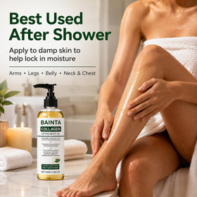 BAINTA being applied to damp skin to lock in moisture and prevent grease