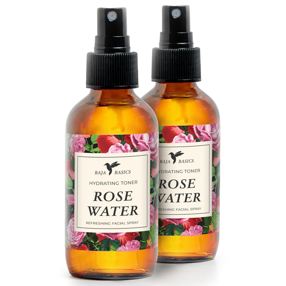 Baja Basics front packaging showing two 4oz rose water sprays for easy hydration