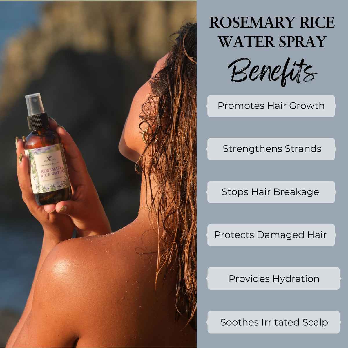 Baja Basics spray applied to scalp demonstrating targeted nourishment and massage