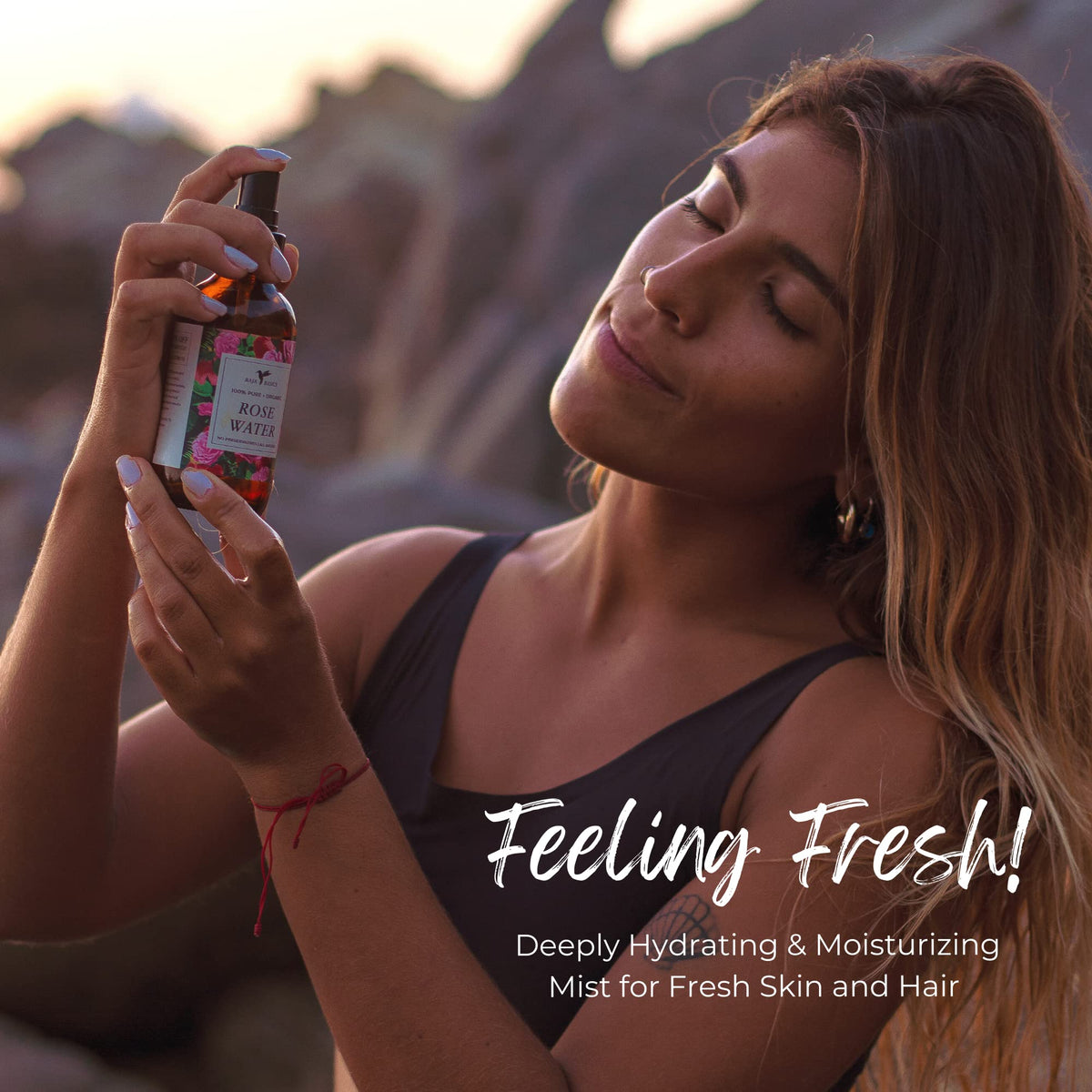Baja Basics droplet of rose water on skin showing lightweight hydration benefit