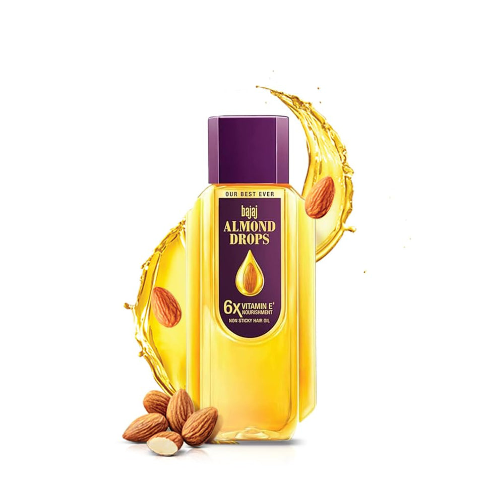 Bajaj Almond Drops front packaging showing bottle and cap for easy identification and benefit