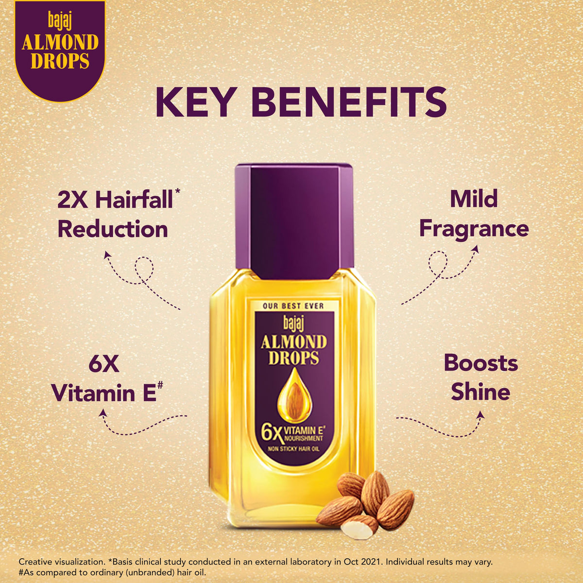 Bajaj Almond Drops bottle beside common items to show 475 ml scale and value benefit
