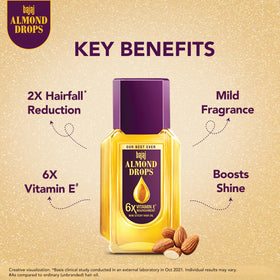 Bajaj Almond Drops bottle beside common items to show 475 ml scale and value benefit