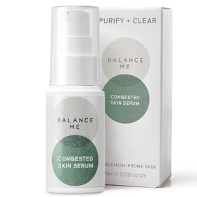 Balance Me front packaging of congested skin serum showing bottle and label benefits
