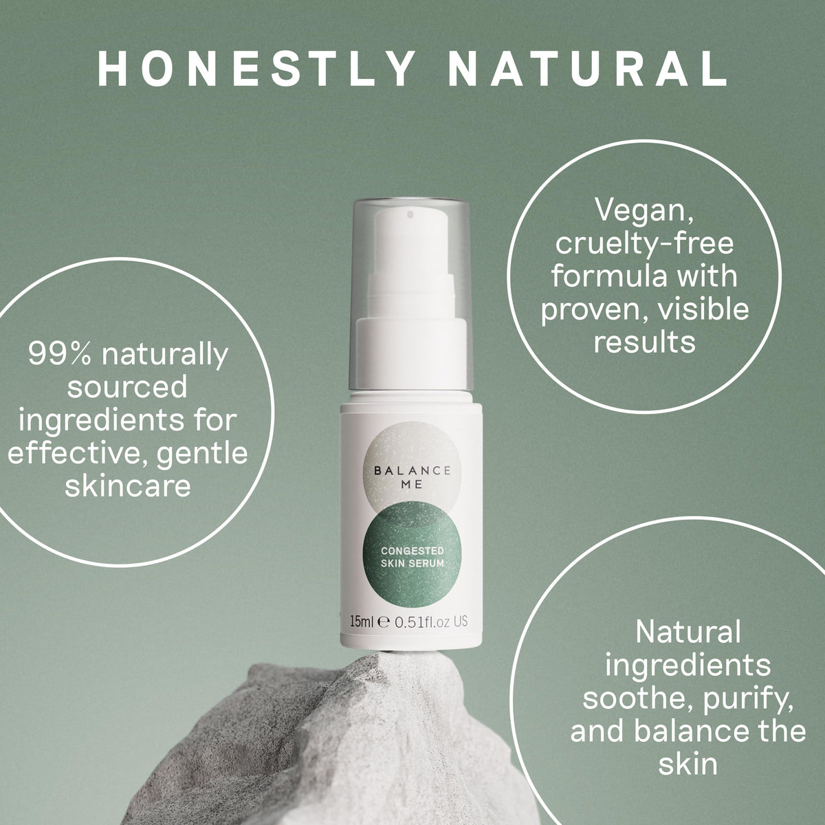 Balance Me serum on bathroom shelf in lifestyle setting for daily routine appeal
