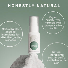Balance Me serum on bathroom shelf in lifestyle setting for daily routine appeal