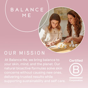 Balance Me natural ingredients flatlay with cucumber and witch hazel benefit
