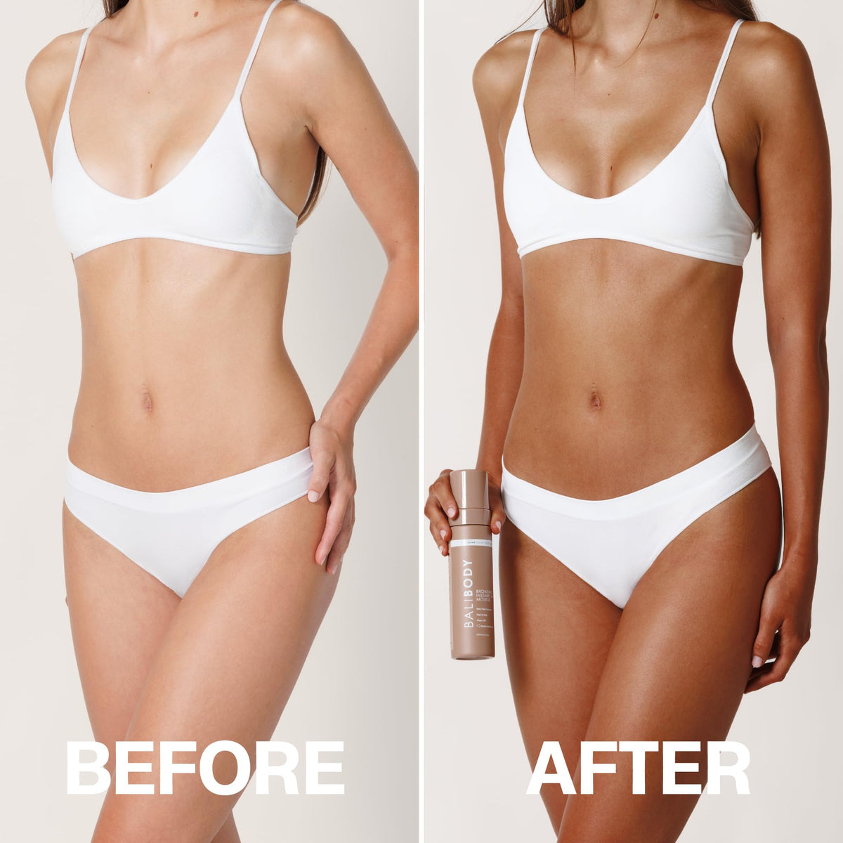 BALI BODY applying mousse on forearm with mitt showing even coverage benefit streak-free look