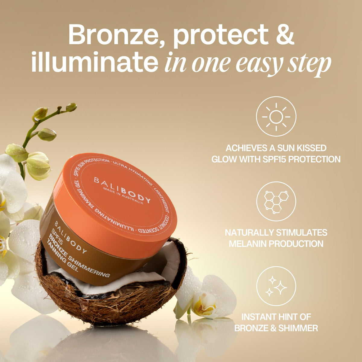 BALI BODY bottle styled with coconut props evoking tropical scent and relaxation