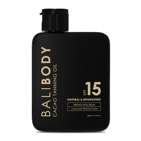 Bali Body front packaging showing cacao tanning oil and SPF15 benefits