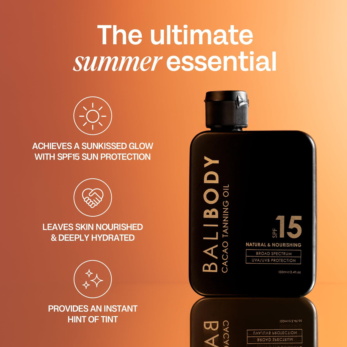 Bali Body applied on skin at beach illustrating bronzed glow and moisturization
