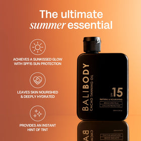 Bali Body applied on skin at beach illustrating bronzed glow and moisturization