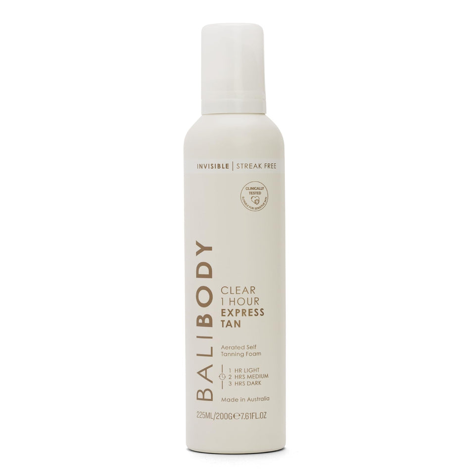 BALI BODY front packaging showing clear mousse and fast tan benefits