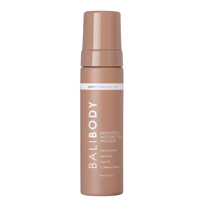 BALI BODY front packaging of instant tan mousse showing bottle and branding benefit quick bronze