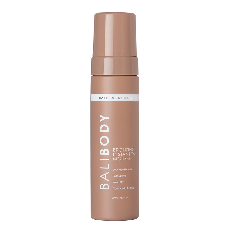 BALI BODY front packaging of instant tan mousse showing bottle and branding benefit quick bronze