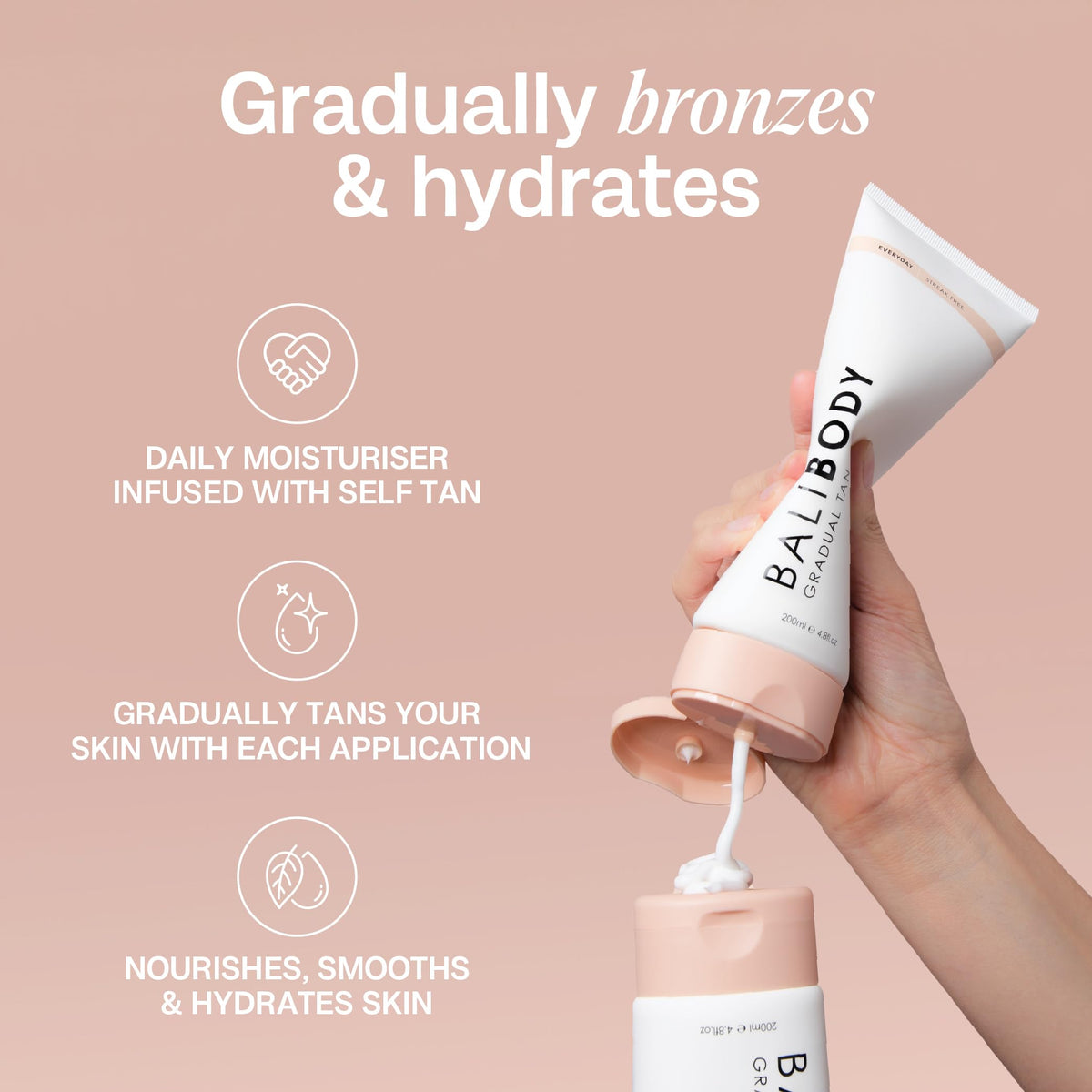 Bali Body bottle next to hand showing size and usable 200ml scale