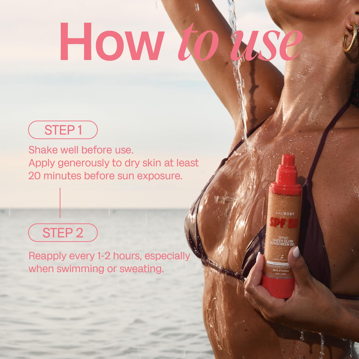 BALI BODY applied on model at beach for radiant sun-protection benefit
