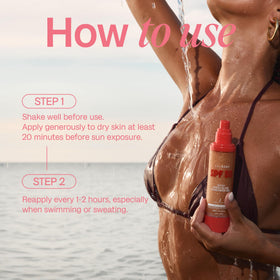 BALI BODY applied on model at beach for radiant sun-protection benefit
