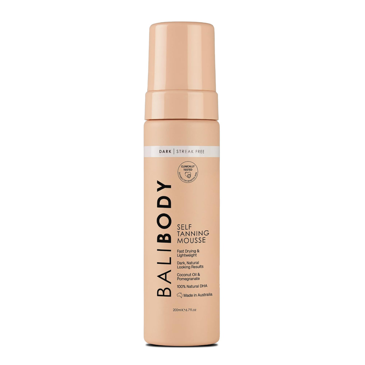 BALI BODY front packaging of the dark self tanner mousse showing bottle and cap for easy identification
