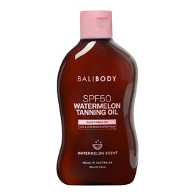 BALI BODY front packaging showing SPF50 travel bottle and summer-ready benefit