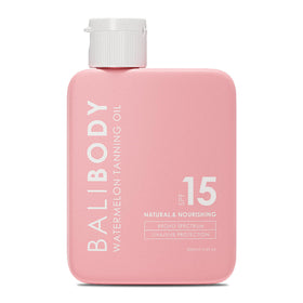 BALI BODY front bottle showing watermelon tanning oil and SPF15 protection benefit