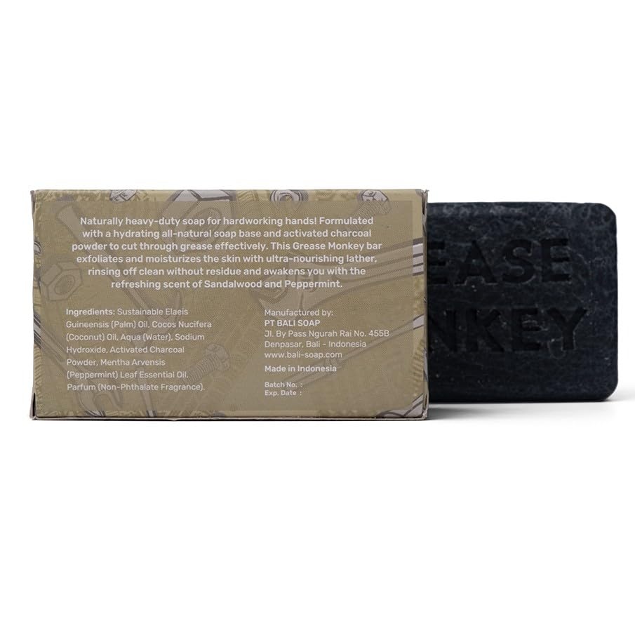 Bali Soap bar in dirty hands demonstrating grease-cutting performance