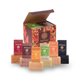 Bali Soap front packaging showing six colorful bars and gift box for gifting appeal