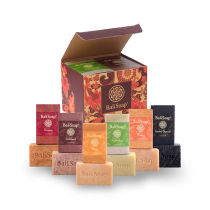 Bali Soap front packaging showing six colorful bars and gift box for gifting appeal