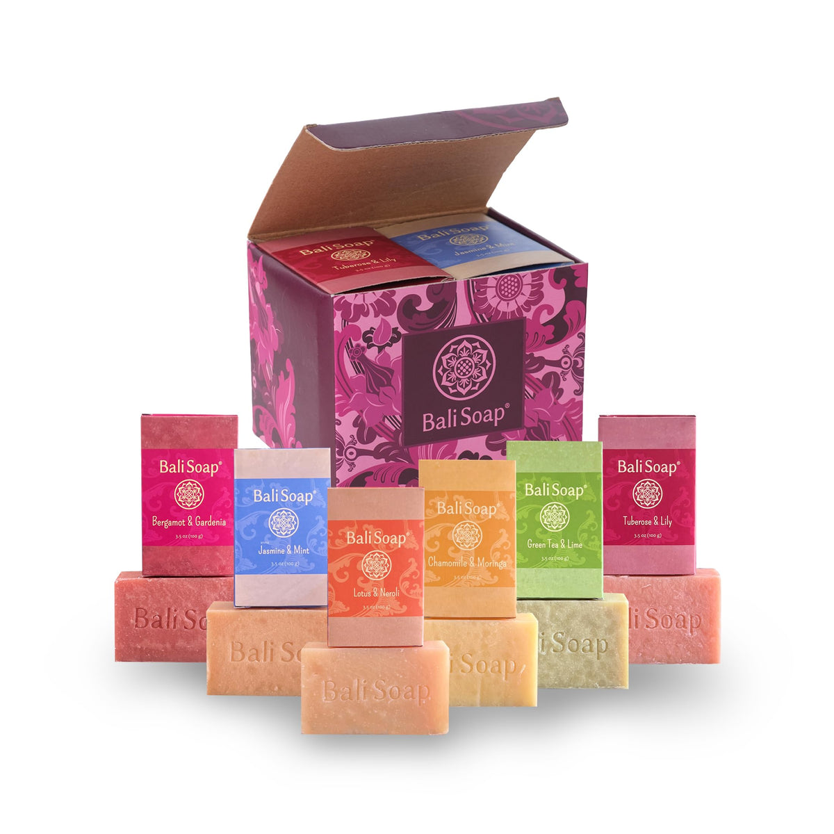 Bali Soap front packaging showing six-bar floral gift set and elegant presentation benefit