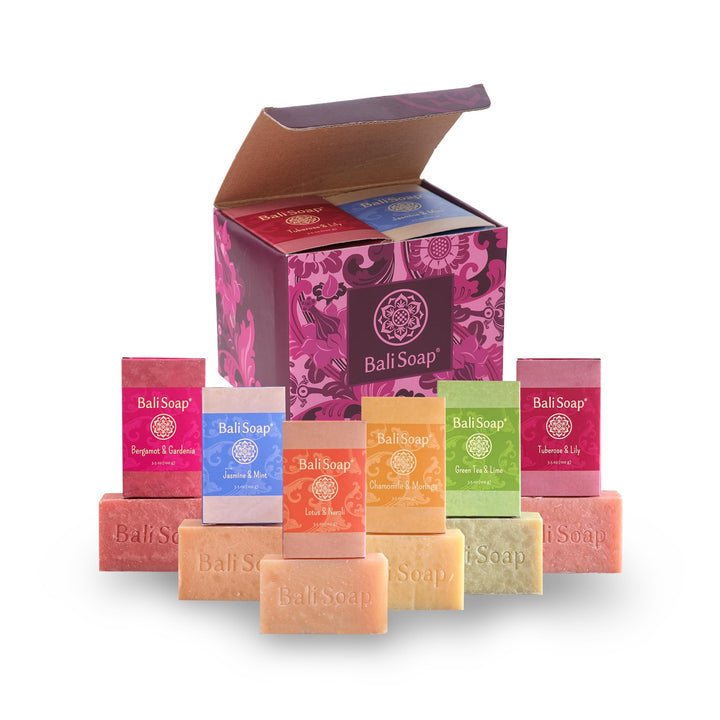 Bali Soap front packaging showing six-bar floral gift set and elegant presentation benefit