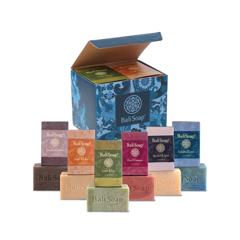 Bali Soap front packaging showing six-bars gift set and eco design benefits