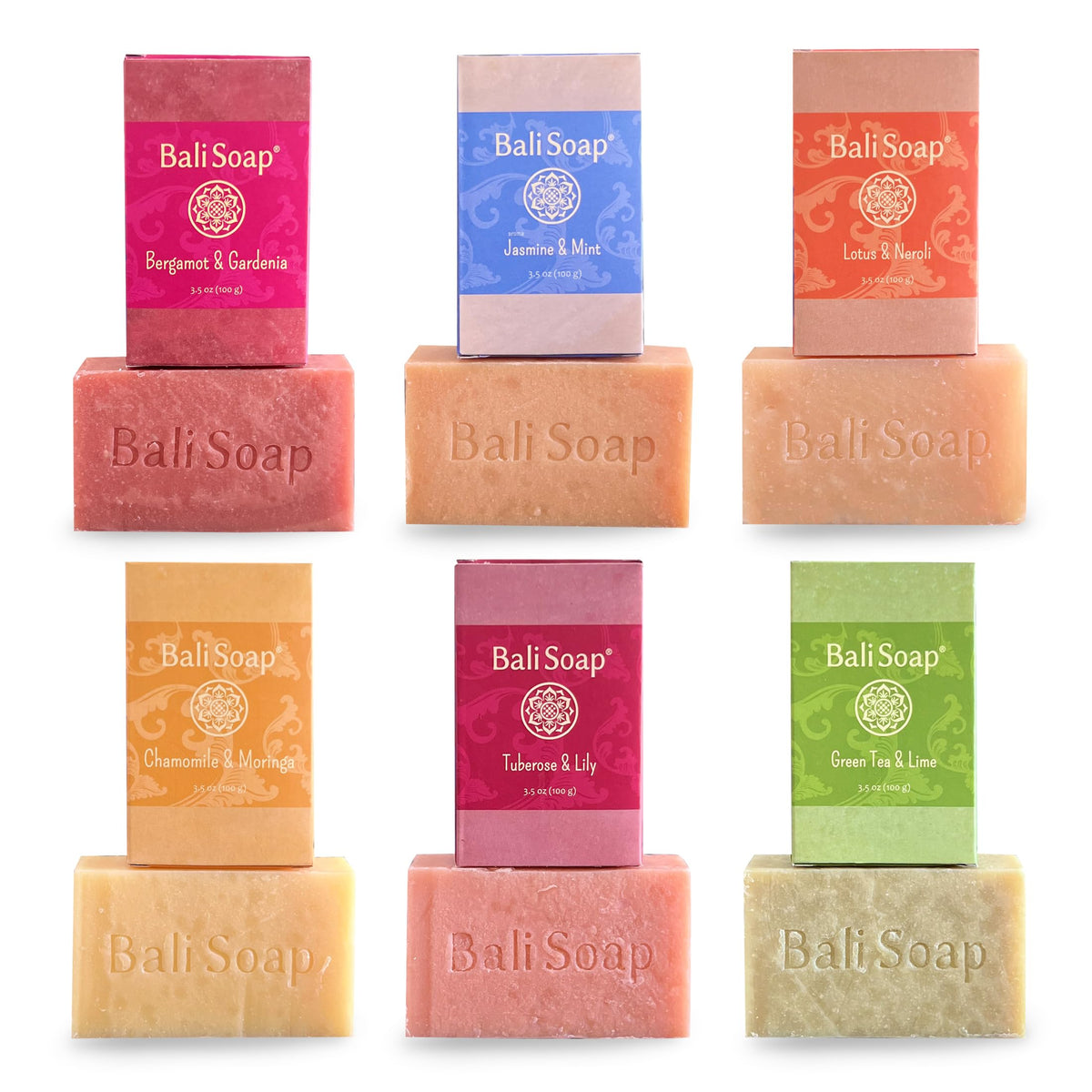 Bali Soap six bars arranged to display all floral scents and variety benefit
