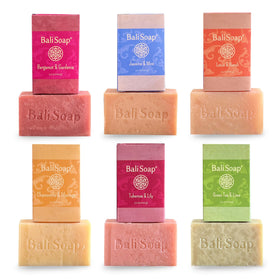 Bali Soap six bars arranged to display all floral scents and variety benefit