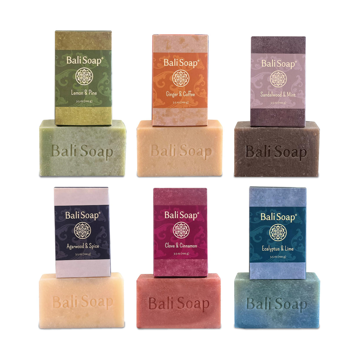 Bali Soap six bars arranged to display variety of masculine wood and spice scents