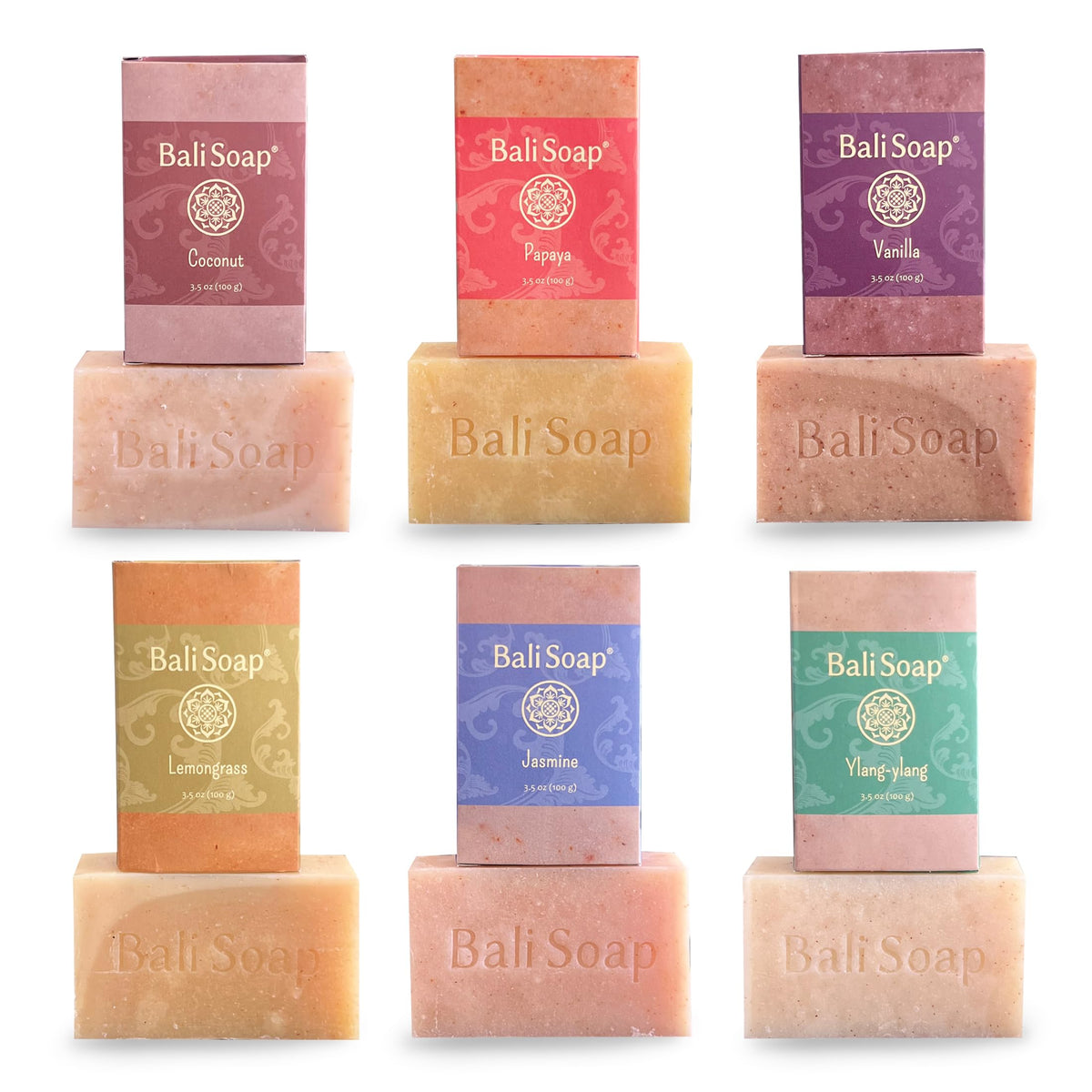 Bali Soap six bars arranged to show scent variety and travel-friendly sizes