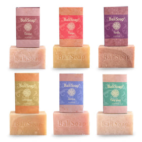 Bali Soap six bars arranged to show scent variety and travel-friendly sizes