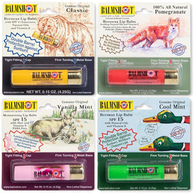 Balmshot front packaging showing four brass shotgun shell tubes and SPF labeling for durable protection