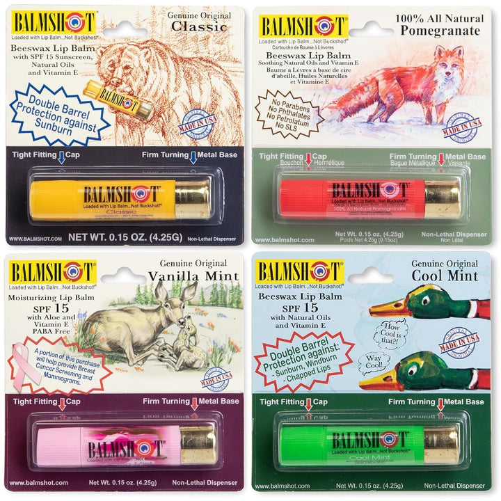 Balmshot front packaging showing four brass shotgun shell tubes and SPF labeling for durable protection