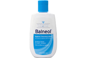 Balneol bottle close-up texture highlights silky lotion and gentle cleansing benefit