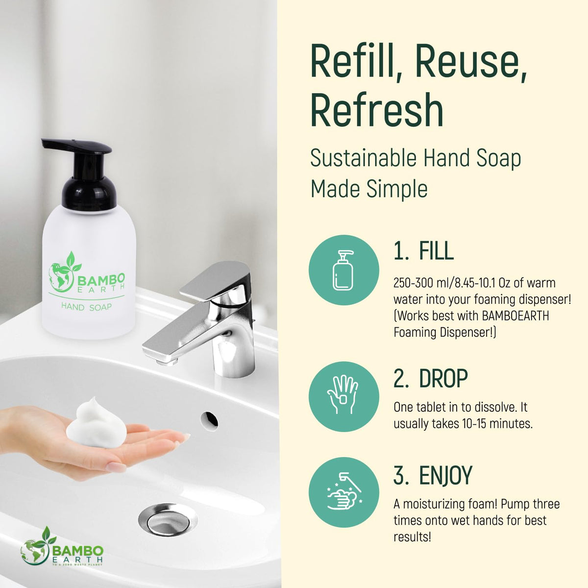 BAMBOEARTH produced foam inside foaming dispenser showing moisturizing benefit
