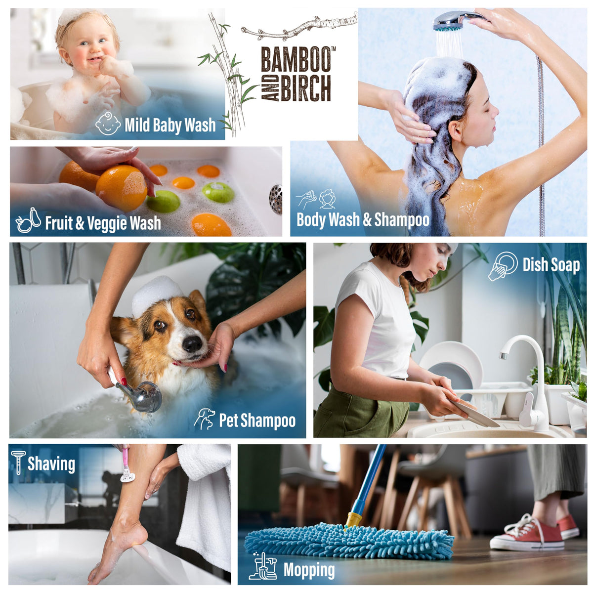 BAMBOO AND BIRCH dispensed hand wash in palm showing gentle cleansing
